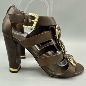 Jean-Michel Cazabat Brown Leather High Heels Size 6 Sandals Gold Buckles Wood‎